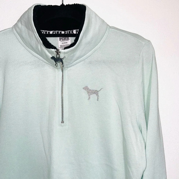 PINK Victoria’s Secret Mint Green Sherpa Collar 1/4 Zip Sweatshirt Medium Women - Picture 3 of 10